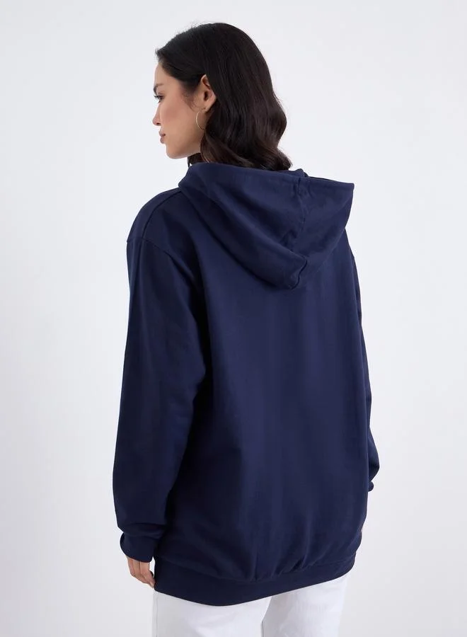Styli Styli Navy Blue Embroidered Slogan Longline Hoodie