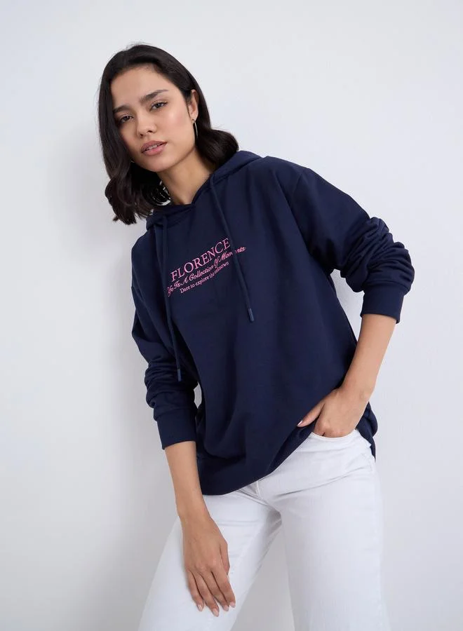 Styli Styli Navy Blue Embroidered Slogan Longline Hoodie