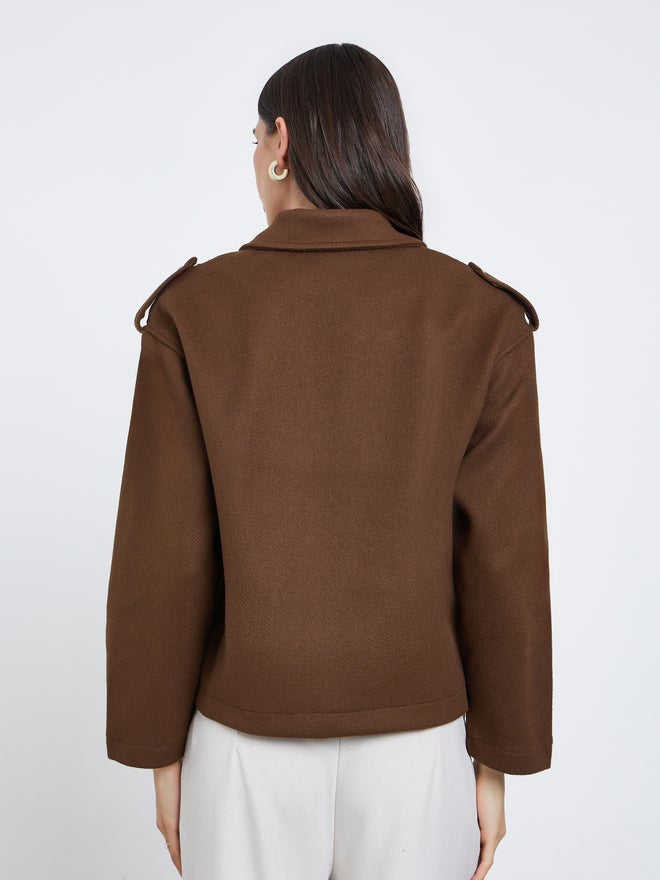 ستايلي جاكيت بايكر بقصة بوكسي من الصوف بلون بني - Image 5