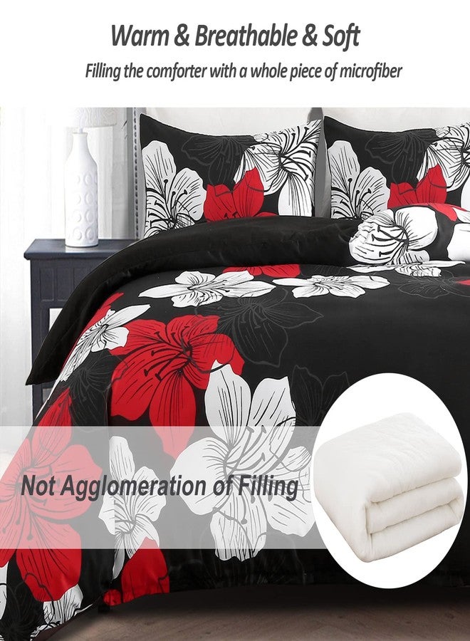 Menghomeus Black Comforter Set Queen Red and White Floral Comforter with 2 Pillowcases Modern Bedding Sets Lightweight Bed Set for All Season - Image 4