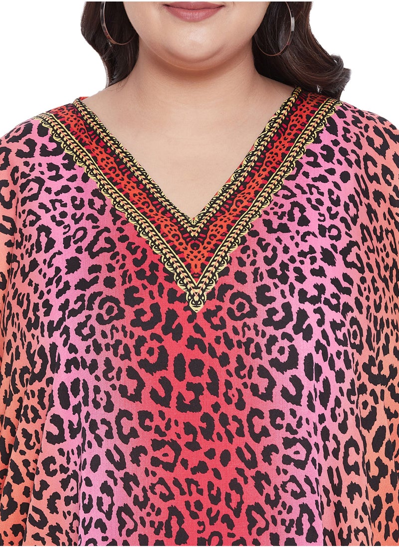 Gypsie Blu Polyester V Neck Plus Size Multicolor  Leopard Print Short Kaftan Evening Dress Pool Cocktail Party Beach Caftan for women  - Image 3
