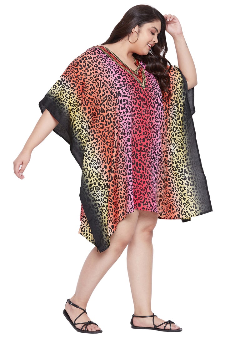 Gypsie Blu Polyester V Neck Plus Size Multicolor  Leopard Print Short Kaftan Evening Dress Pool Cocktail Party Beach Caftan for women  - Image 2