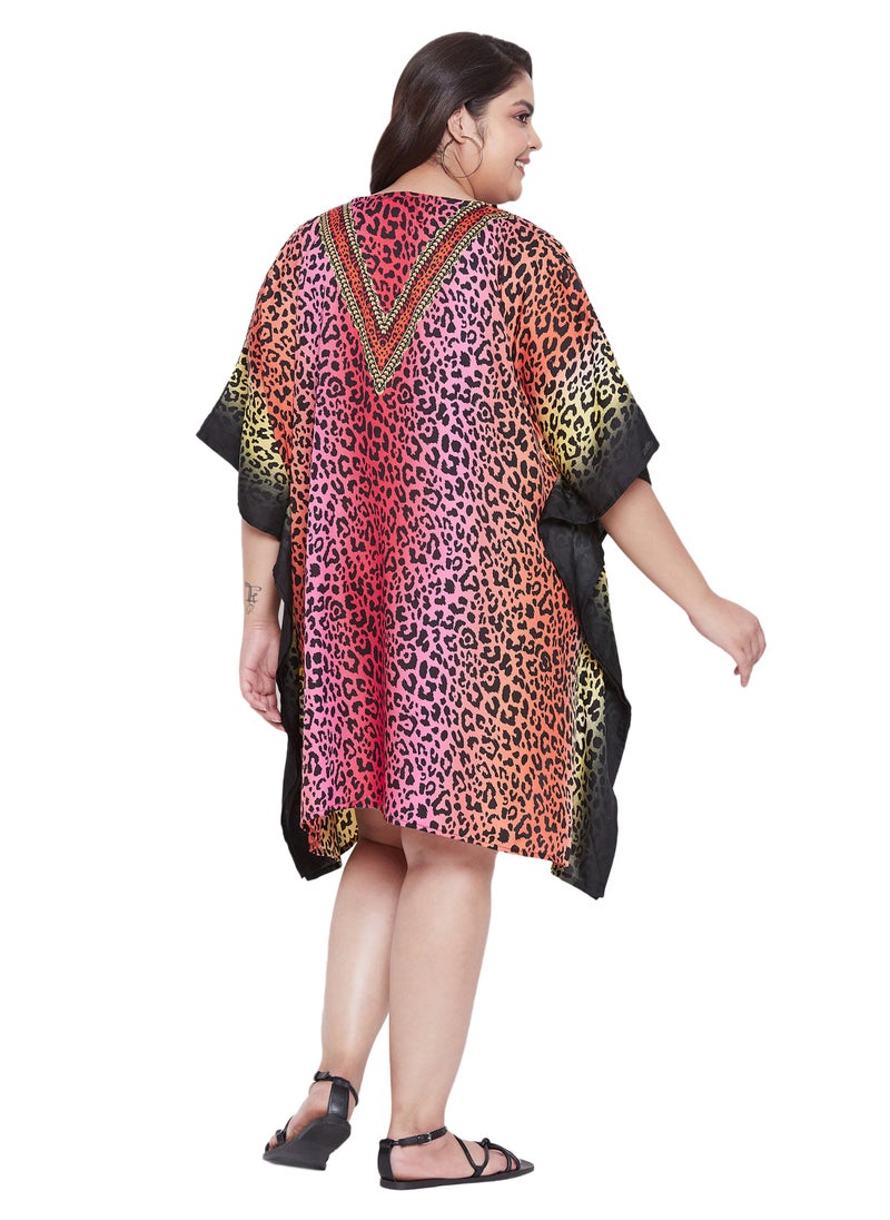 Gypsie Blu Polyester V Neck Plus Size Multicolor  Leopard Print Short Kaftan Evening Dress Pool Cocktail Party Beach Caftan for women  - Image 4