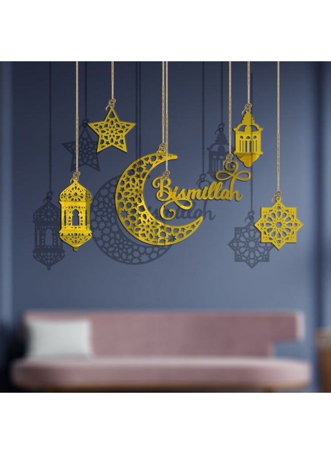 نيبمينينت - 6 قطع زينة رمضان، زخرفة أكريليك بمناسبة رمضان كريم، قلادة عيد مبارك على شكل نجوم وأقمار، زينة رمضان للتعليق على الجدران والنوافذ والأشجار - Image 1