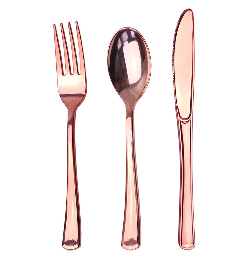 75 Piece Rose Gold Plastic Silverware Set  Reusable  Recyclable  Rose Gold Plastic Utensils for Weddings Anniversaries Showers Parties  25 Forks 25 Spoons 25 Knives  Cutlery by JL Prime