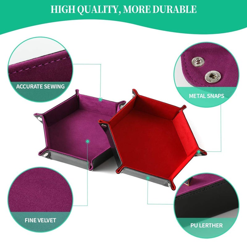Grajar 2 Pcs Portable Folding Dice Rolling Tray Set for RPG DND Table Games - PU Leather and Velvet Holder Storage Box - Red and Violet - Image 3