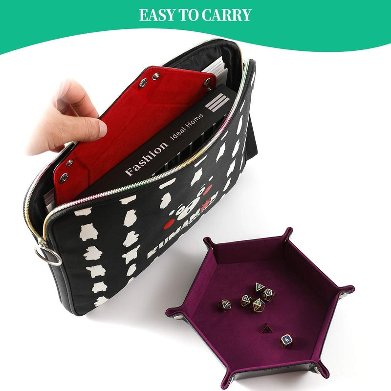Grajar 2 Pcs Portable Folding Dice Rolling Tray Set for RPG DND Table Games - PU Leather and Velvet Holder Storage Box - Red and Violet - Image 5
