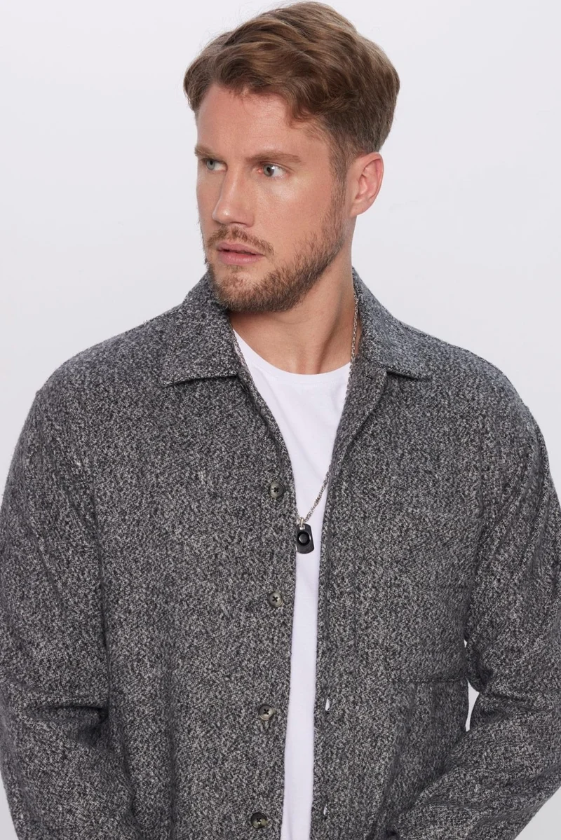 Tudors Men's Relax Fit Casual Cut Lumberjack Single Pocket Plain Gray Apron Collar Winter Shirt