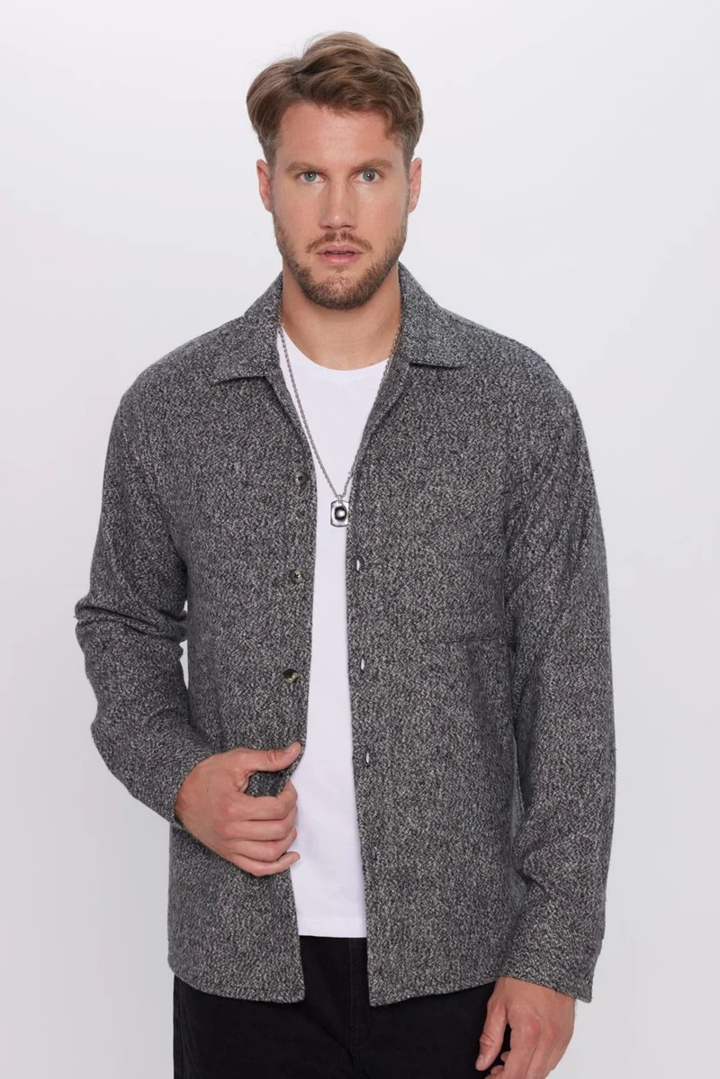 Tudors Men's Relax Fit Casual Cut Lumberjack Single Pocket Plain Gray Apron Collar Winter Shirt