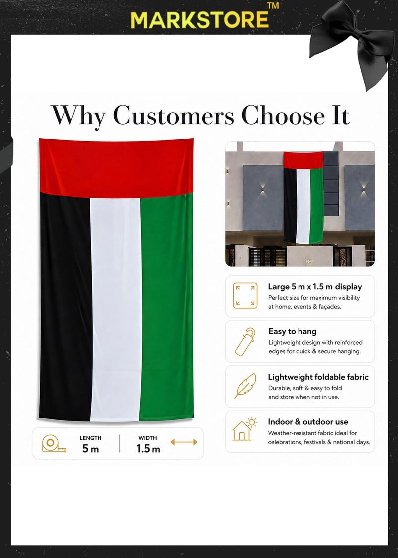 MARK STORE UAE Flag  for National Day 5 Meter Length, 1.5 Meter Width Premium Quality UAE Flag for National Day - Image 4