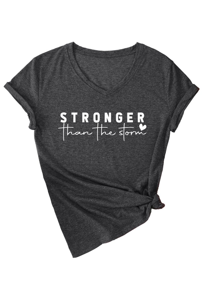 Stronger Than The Storm V Neck Short Sleeve Top Inspirational Positive Quotes Graphic Shirt - Image 1
