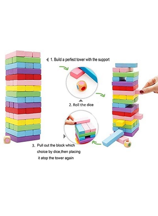 Goyal's Multicolor Tower Puzzle Blocks Game for Kids and Adults, Colorful Wooden Blocks | Stacking Game Challenging | Maths Game- 54 Pcs Blocks with 2 Dice - Image 3