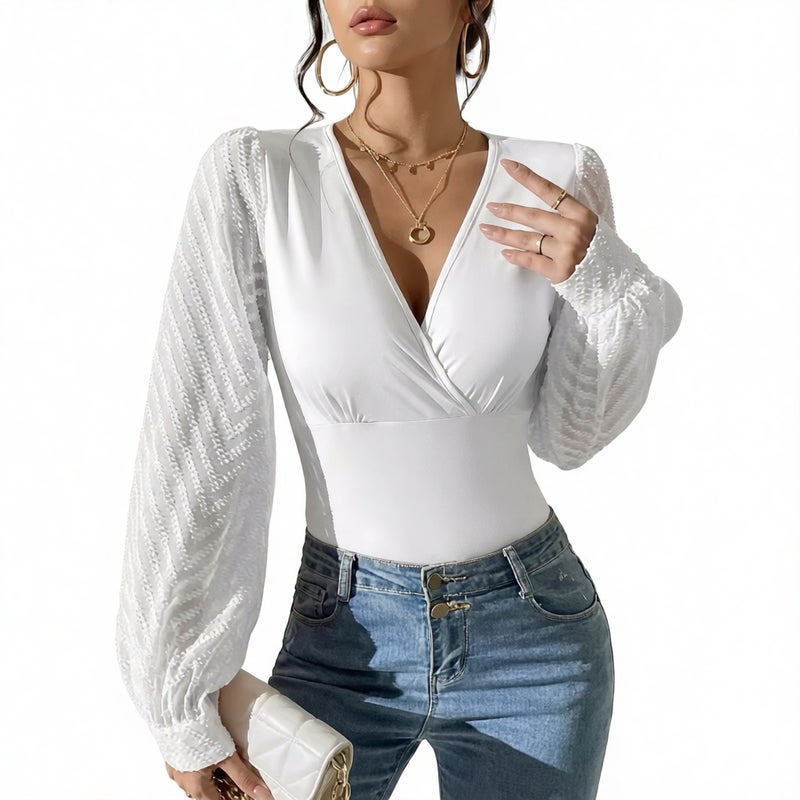 Women's Long Sleeve Knit Top with Chiffon Patchwork Deep V-Neck - Image 1