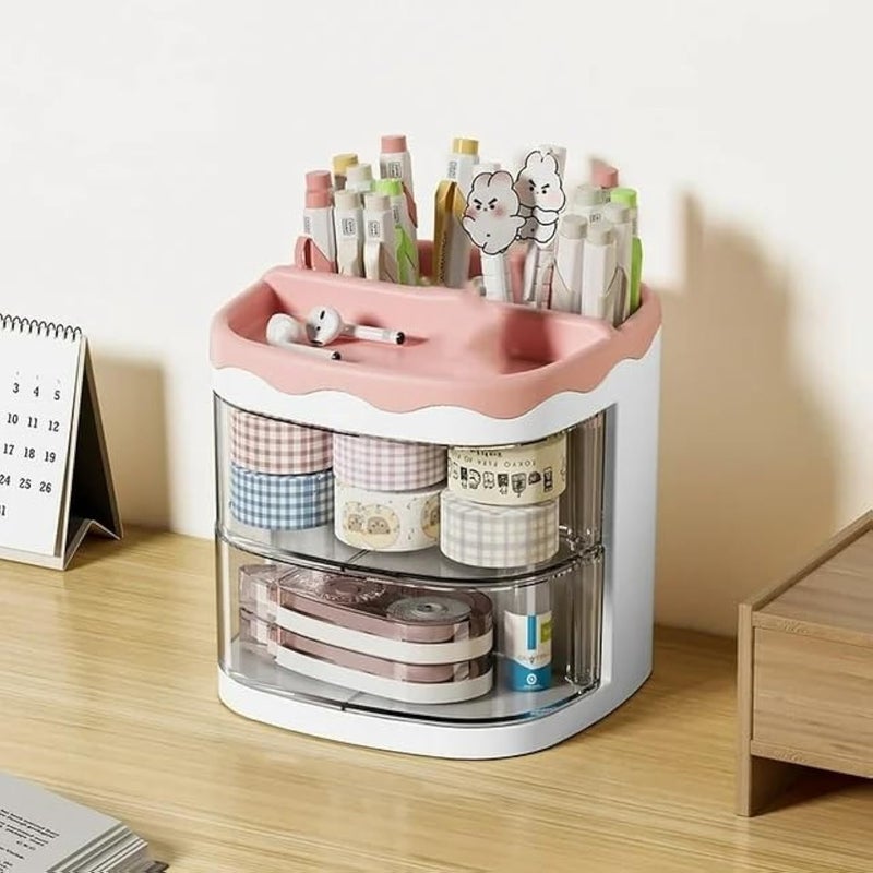 HOME CUBE Plastic Desk Organizer With Drawer Desktop Office Stationery Storage Box Desk Accessories Table Organiser Study Table Office Table Pen Stand- 2035 (Pink) - Image 1