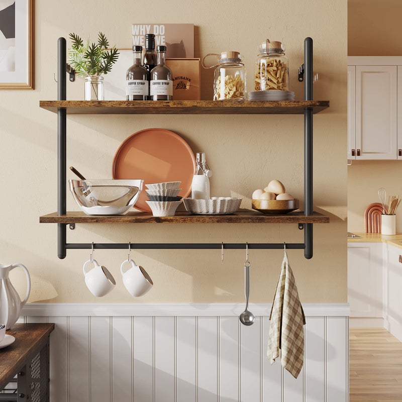 Bestier Pipe Shelf Industrial Floating Shelving 31 Kitchen WallMounted Shelf with Towel Bar Hooks Coffee Bar Shelves Wine Hanging Display Rack Bookshelf Living Room Decor BathroomRustic Brown