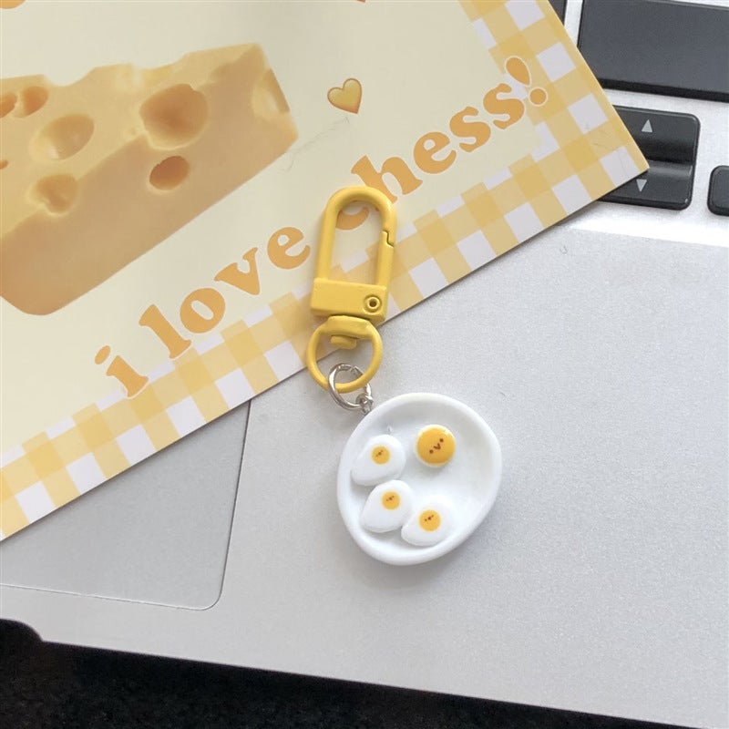 Cute breakfast plate pendant fun real food and play keychain girl heart backpack accessories couple girlfriends gift Poached egg 