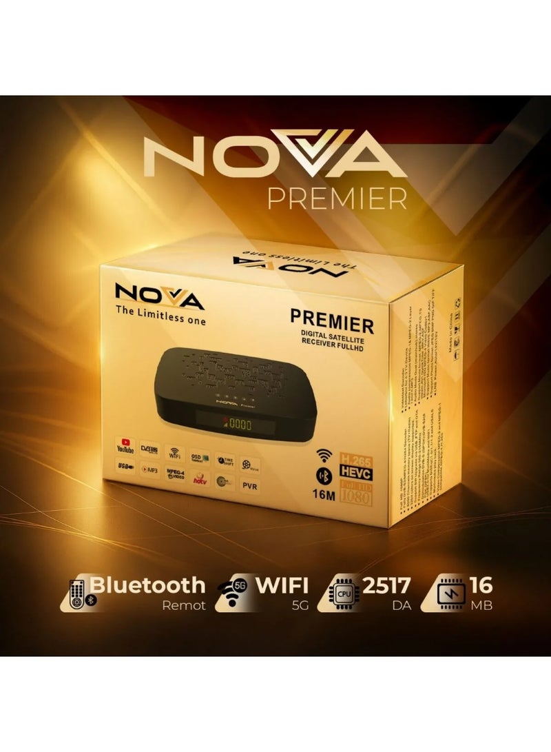ريسيفر Nova Premier الرقمي للأقمار الصناعية Full HD 1080P، Wi-Fi مدمج، بلوتوث، منفذ LAN، ذاكرة 2GB، دعم H.265 HEVC، وتشغيل الوسائط عبر USB