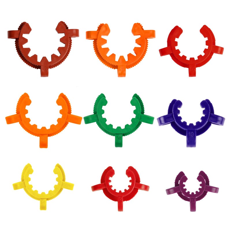 StonyLab Plastic Joint Clips Set, 9 pcs Keck Clamp Lab Keck Clips 10/12/14/19/24/29/34/40/45mm for Glass Standard Conical Interface Clip Ground Glass Joint, Multi Size and Colors - Image 1