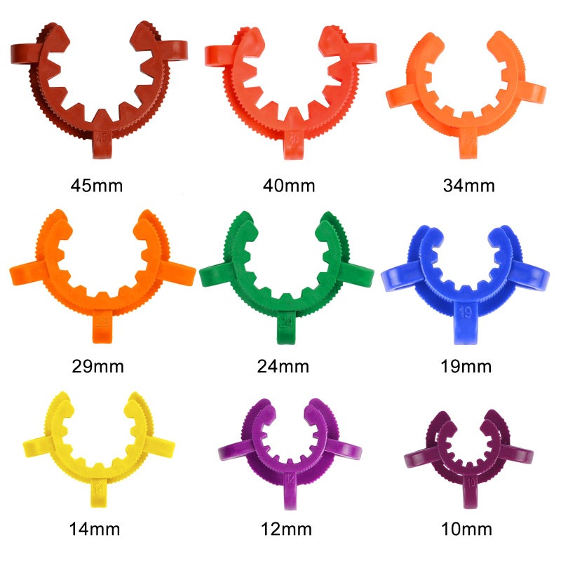 StonyLab Plastic Joint Clips Set, 9 pcs Keck Clamp Lab Keck Clips 10/12/14/19/24/29/34/40/45mm for Glass Standard Conical Interface Clip Ground Glass Joint, Multi Size and Colors - Image 2