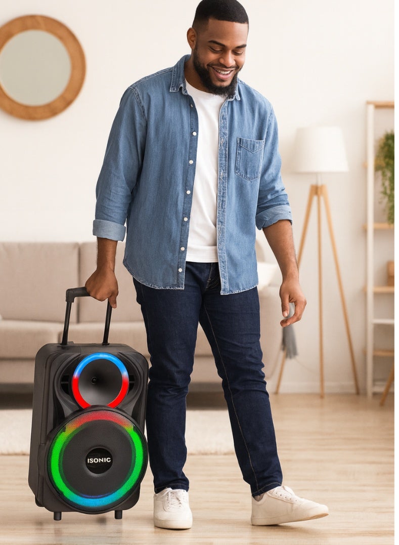 آي سونيك IS461 مكبر صوت بلوتوث عالي الدقة مقاس 12 بوصة مع جهير قوي، وأضواء حفلات LED، وميكروفون لاسلكي وجهاز تحكم عن بعد، وتصميم محمول قابل لإعادة الشحن - مثالي للترفيه الداخلي والخارجي - Image 3