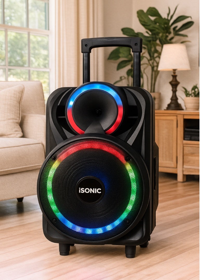 آي سونيك IS461 مكبر صوت بلوتوث عالي الدقة مقاس 12 بوصة مع جهير قوي، وأضواء حفلات LED، وميكروفون لاسلكي وجهاز تحكم عن بعد، وتصميم محمول قابل لإعادة الشحن - مثالي للترفيه الداخلي والخارجي - Image 2