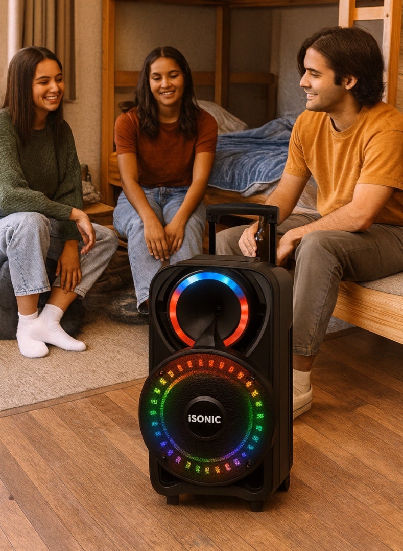 آي سونيك IS461 مكبر صوت بلوتوث عالي الدقة مقاس 12 بوصة مع جهير قوي، وأضواء حفلات LED، وميكروفون لاسلكي وجهاز تحكم عن بعد، وتصميم محمول قابل لإعادة الشحن - مثالي للترفيه الداخلي والخارجي - Image 5
