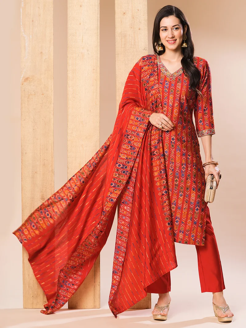 globus Globus Women Red & Blue Geometric Printed V-Neck Straight Kurta With Trousers & Dupatta