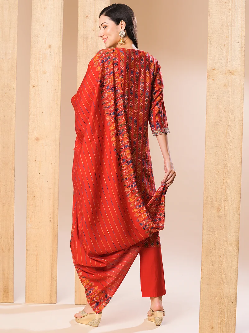 globus Women Red & Blue Geometric Printed V-Neck Straight Kurta With Trousers & Dupatta