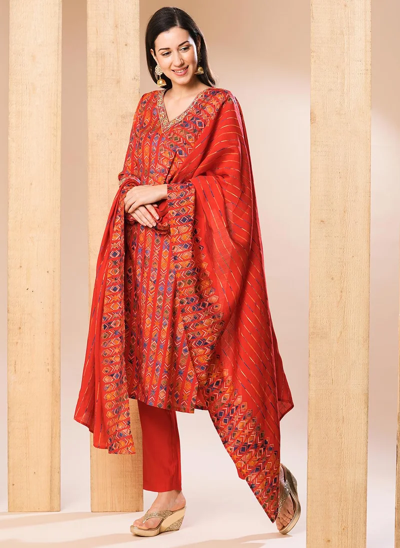 globus Globus Women Red & Blue Geometric Printed V-Neck Straight Kurta With Trousers & Dupatta Festive Set