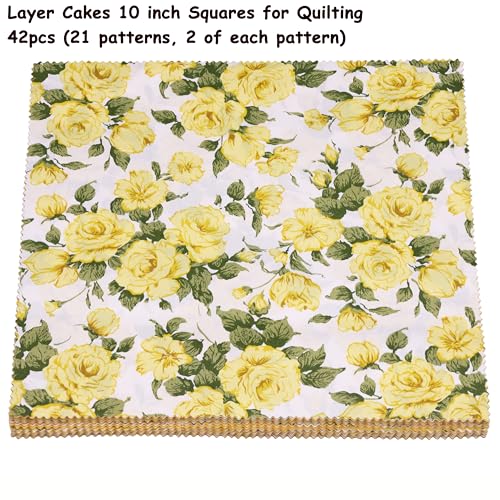 Hanjunzhao 42 pcs 10" Layer Cake Fabric Yellow - Layer Cakes 10 inch Squares for Quilting - Polka Dots Striped Star Solid Floral Print Cotton Fabric Squares 10x10 for Quilting, Sewing, and Crafts - Image 4
