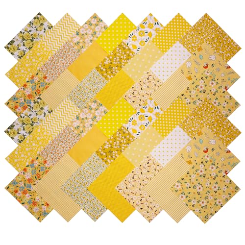Hanjunzhao 42 pcs 10" Layer Cake Fabric Yellow - Layer Cakes 10 inch Squares for Quilting - Polka Dots Striped Star Solid Floral Print Cotton Fabric Squares 10x10 for Quilting, Sewing, and Crafts - Image 2