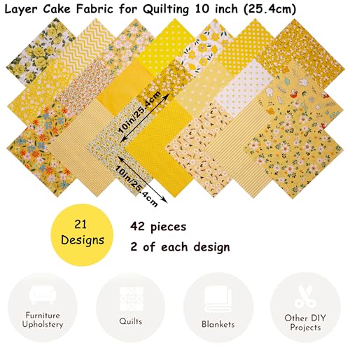 Hanjunzhao 42 pcs 10" Layer Cake Fabric Yellow - Layer Cakes 10 inch Squares for Quilting - Polka Dots Striped Star Solid Floral Print Cotton Fabric Squares 10x10 for Quilting, Sewing, and Crafts - Image 5