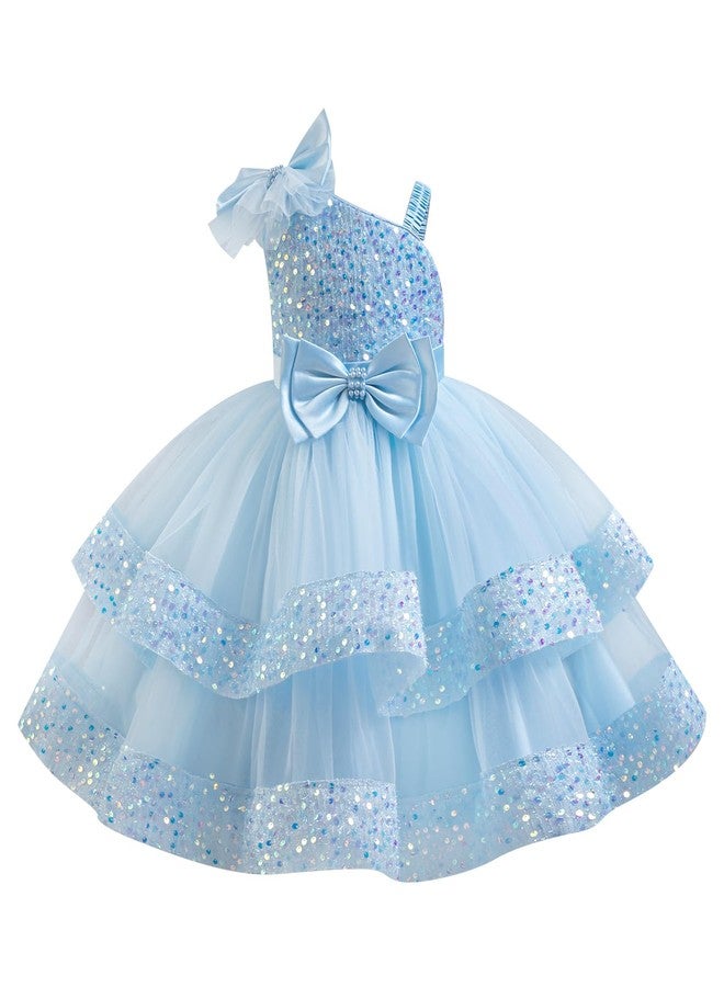 OBEEII Birthday Dress for Toddler Baby Girl Sequins Pageant Tulle Tutu Dress Bowknot Princess Sparkly Baptism Party Photoshoot Wedding Flower Girl Kids Formal Prom Ball Gown Blue 7-8 Years - Image 1