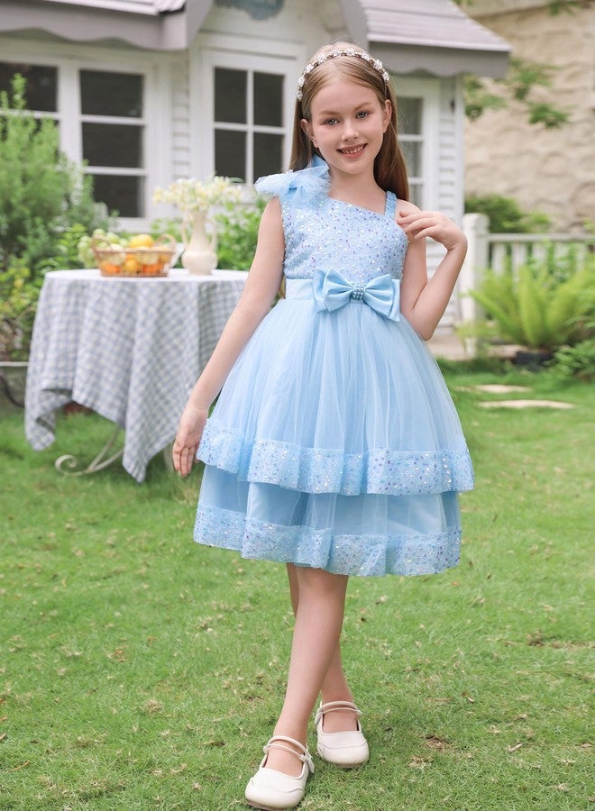 OBEEII Birthday Dress for Toddler Baby Girl Sequins Pageant Tulle Tutu Dress Bowknot Princess Sparkly Baptism Party Photoshoot Wedding Flower Girl Kids Formal Prom Ball Gown Blue 7-8 Years - Image 2