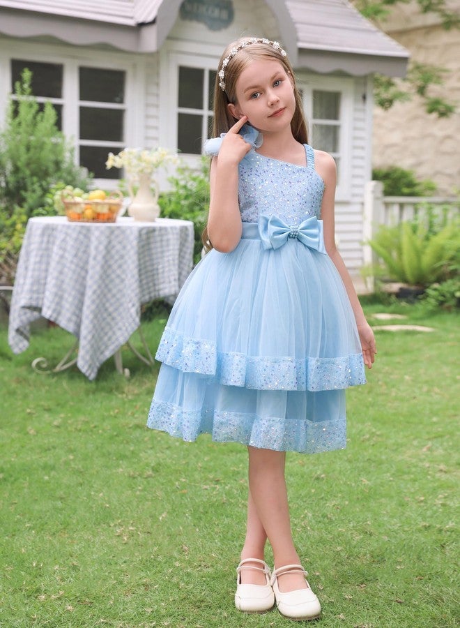 OBEEII Birthday Dress for Toddler Baby Girl Sequins Pageant Tulle Tutu Dress Bowknot Princess Sparkly Baptism Party Photoshoot Wedding Flower Girl Kids Formal Prom Ball Gown Blue 7-8 Years - Image 3