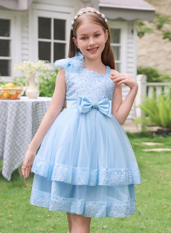 OBEEII Birthday Dress for Toddler Baby Girl Sequins Pageant Tulle Tutu Dress Bowknot Princess Sparkly Baptism Party Photoshoot Wedding Flower Girl Kids Formal Prom Ball Gown Blue 7-8 Years - Image 5