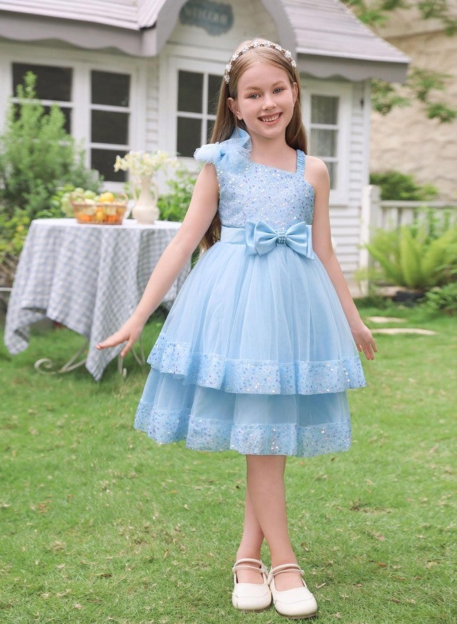 OBEEII Birthday Dress for Toddler Baby Girl Sequins Pageant Tulle Tutu Dress Bowknot Princess Sparkly Baptism Party Photoshoot Wedding Flower Girl Kids Formal Prom Ball Gown Blue 7-8 Years - Image 4