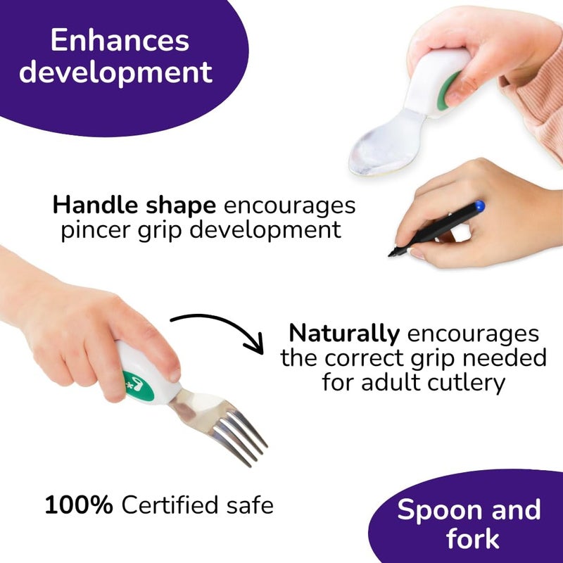 Doddl Toddler Utensils, Ergonomic Fork and Spoon Set for Self Feeding, Stainless Steel Silverware for 1-3 Year Olds, BPA Free, Dishwasher Safe (Aqua) - Image 3