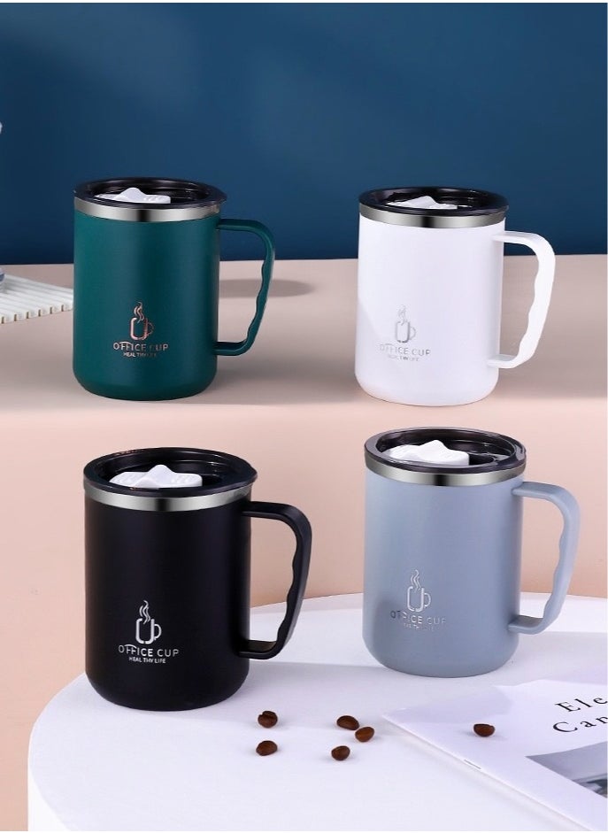 AROAQ - Stainless Steel Double Layers Coffee Mug Milk Cup With Plastic Lid And Handle 500ml Black - Image 1