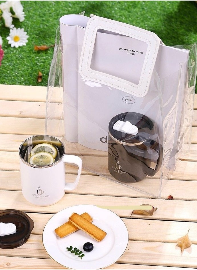 AROAQ - Stainless Steel Double Layers Coffee Mug Milk Cup With Plastic Lid And Handle 500ml Black - Image 1