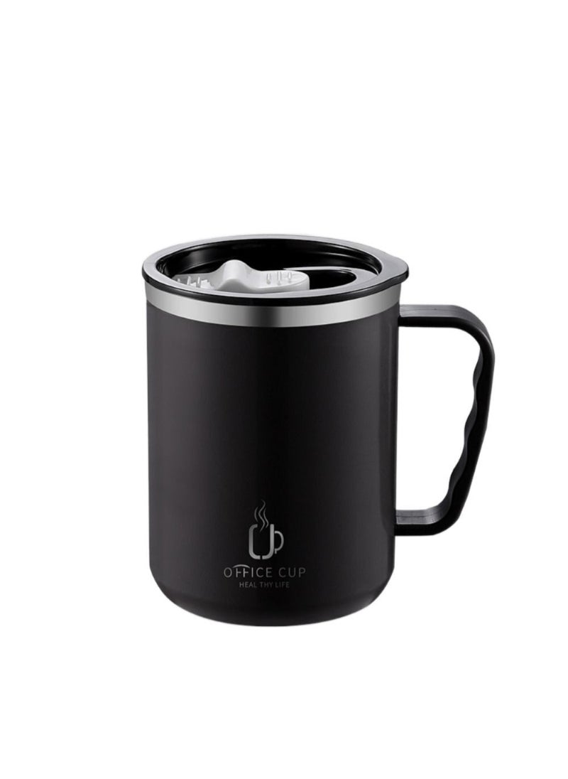 AROAQ - Stainless Steel Double Layers Coffee Mug Milk Cup With Plastic Lid And Handle 500ml Black - Image 1