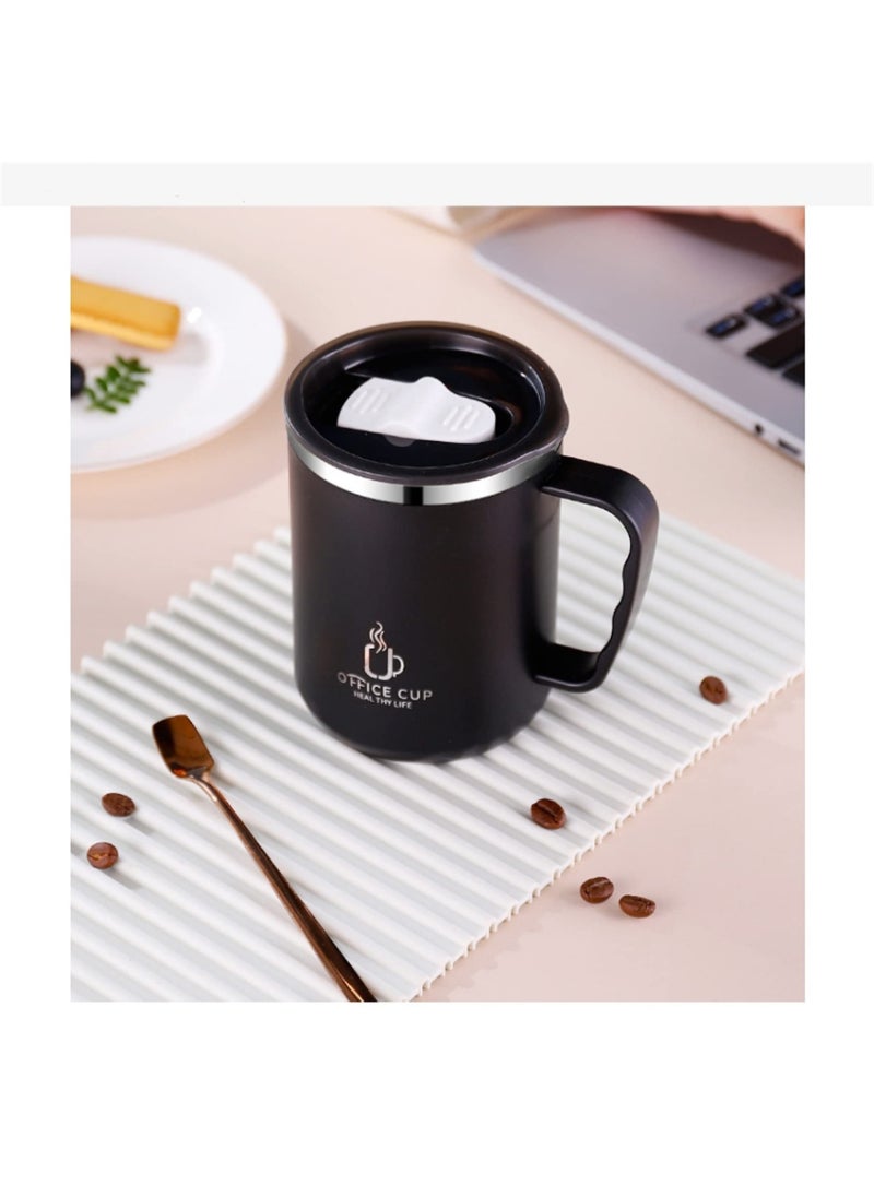 AROAQ - Stainless Steel Double Layers Coffee Mug Milk Cup With Plastic Lid And Handle 500ml Black - Image 1