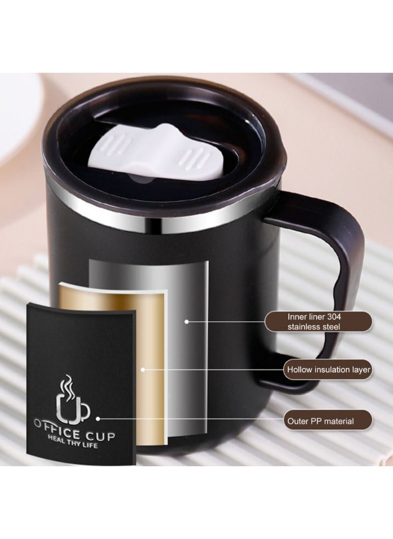 AROAQ - Stainless Steel Double Layers Coffee Mug Milk Cup With Plastic Lid And Handle 500ml Black - Image 1