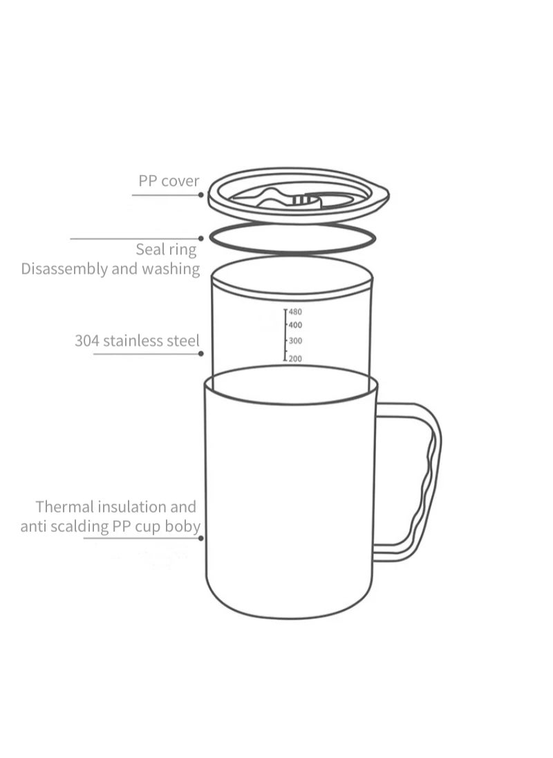 AROAQ - Stainless Steel Double Layers Coffee Mug Milk Cup With Plastic Lid And Handle 500ml Black - Image 1
