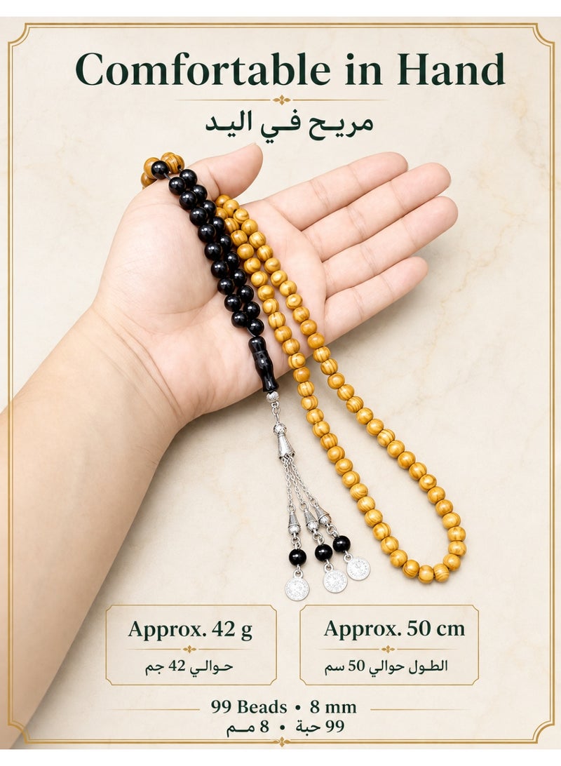فوريكاسا فلوريكاسا مسبحة من خشب الزان الطبيعي والعقيق الأسود، 99 حبة، مقاس 8 مم - Image 3