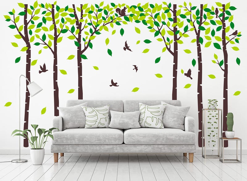 Six Birch Tree Wall Decals Birds Cute Squirrel Forest Wall Stickers for Kids Room Nursery Bedroom Living Room Classroom Decoration BrownGreen