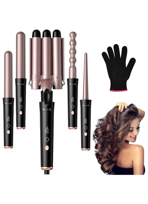 5 in 1 Curling Wand Set Multi Curl, Hair Curler Curling Iron Set with 5 Interchangeable Ceramic Barrels, Instant Heat Up, Dual Voltage, Rose Gold