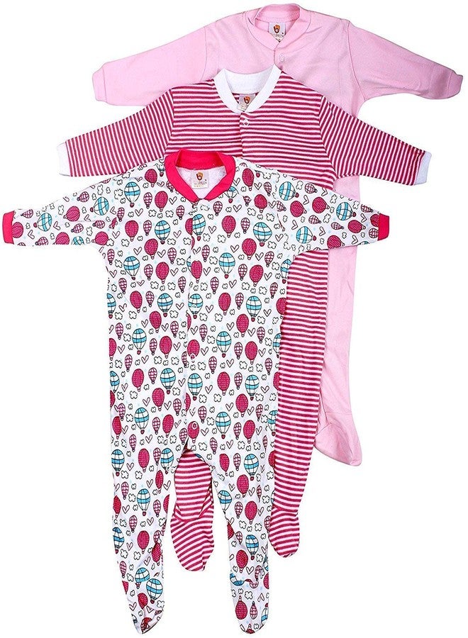 Mini Berry Baby Boy Cotton Full Rompers in Pink Color for 0-3 Months -Set of 3Pcs