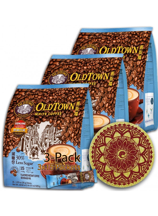 Old Town (3-Pack - Less Sugar) OLD TOWN (3 in 1) Less Sugar White Coffee Asian Instant Coffee Package with a WHALEVER Eco Friendly Cork Coaster Coffee Lover Package, oldtown White Coffee 45 Packets  - Image 1