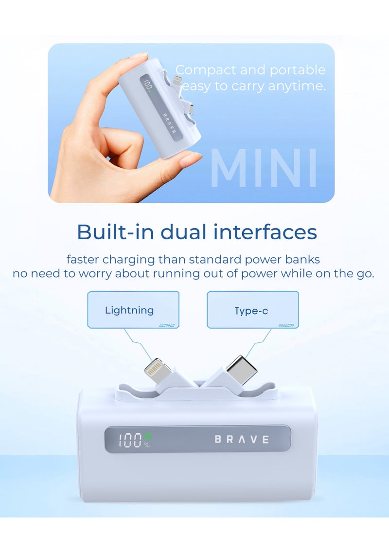 Brave - Ultra-Small Power Bank 5000mAh, 22.5W USB-C Fast Charging, Portable Charger with Built-in Type-C and Lightning Connectors, LED Display, Compatible with iPhone 16, 15, 14, 13, 12, Samsung Galaxy 25, 24, 23, 22, iPad, AirPods Pro, and Other Android Devices (Blue) - Image 1